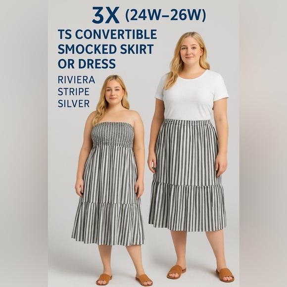 B2545- TS Convertible Smocked Skirt Dress Riviera Stripe Silver 3X (24W–26W) NWT - Picture 1 of 9